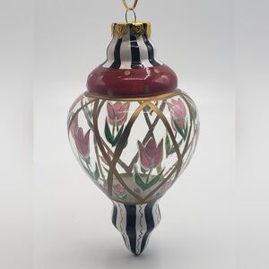 Glass Christmas Ornament With Tulips And Stripes Vintage